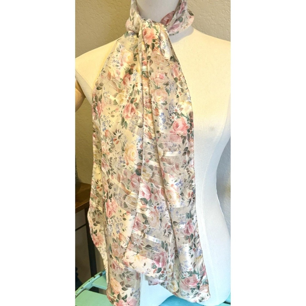 Vintage Silk Feel Floral Scarf Pastel Rose Chintz Sheer Stripe 59" x 14"